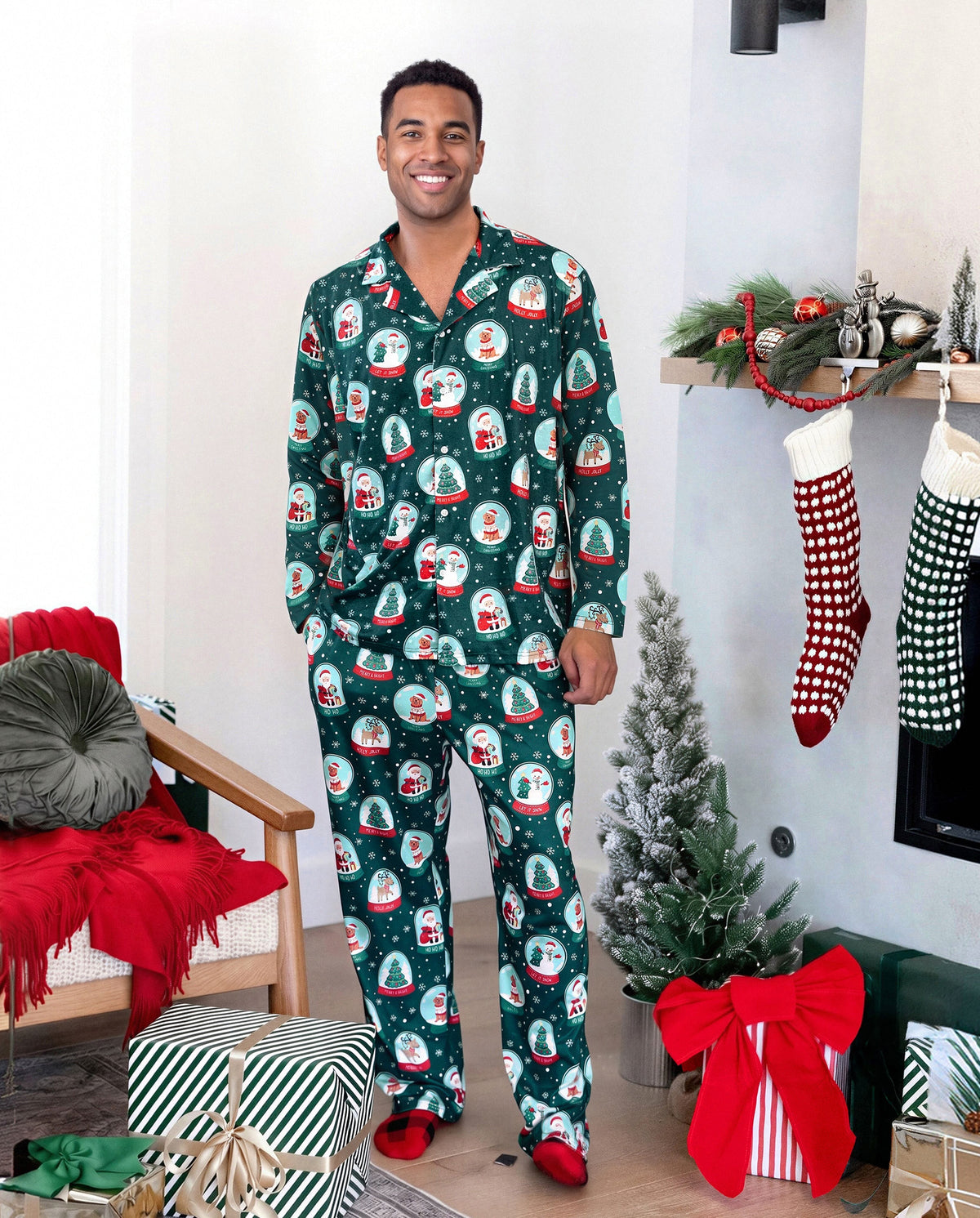 PatPat Matching Family Christmas Pajamas Snow Globe Print Dark Green Plus Size