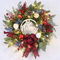 Prelit Christmas Wreath for Front Door Outside,22 inch Be Merry Wreath with red Black tarten Plaid Bow,Lighted Farmhouse Christmas decoration-30 LED Light/Timer,Winter Door Wreath, Porch Decor