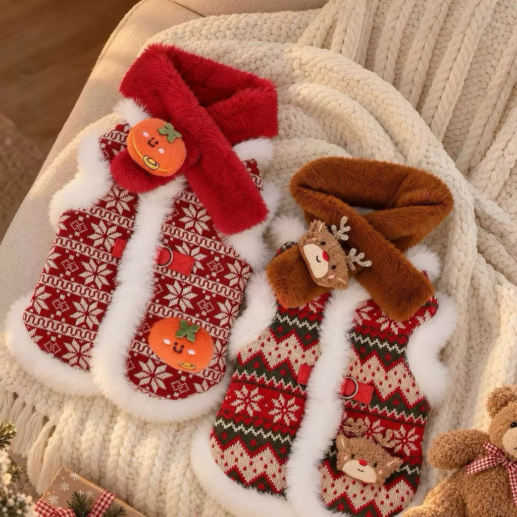 Christmas Elk Furry Dog Cat Jacket with Scarf