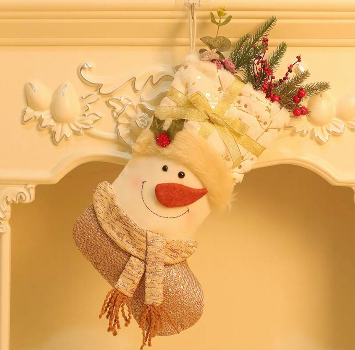 Luxury Golden 3D Snowman Christmas Stocking, Woven Sequin Xmas Gift Bag with Tassel Scarf, Fireplace Hanging Decor
