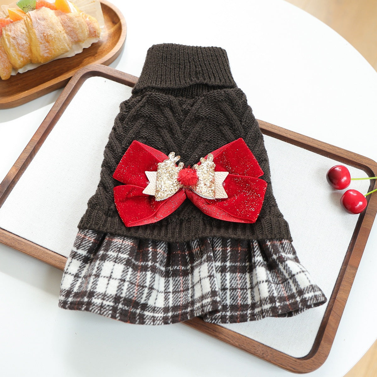 Christmas Bow Decor Dog Cat Knitted Dress