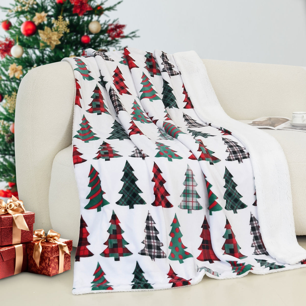 Mocassi Christmas Sherpa Throw with Flannel Fleece - 50 x 60 inches