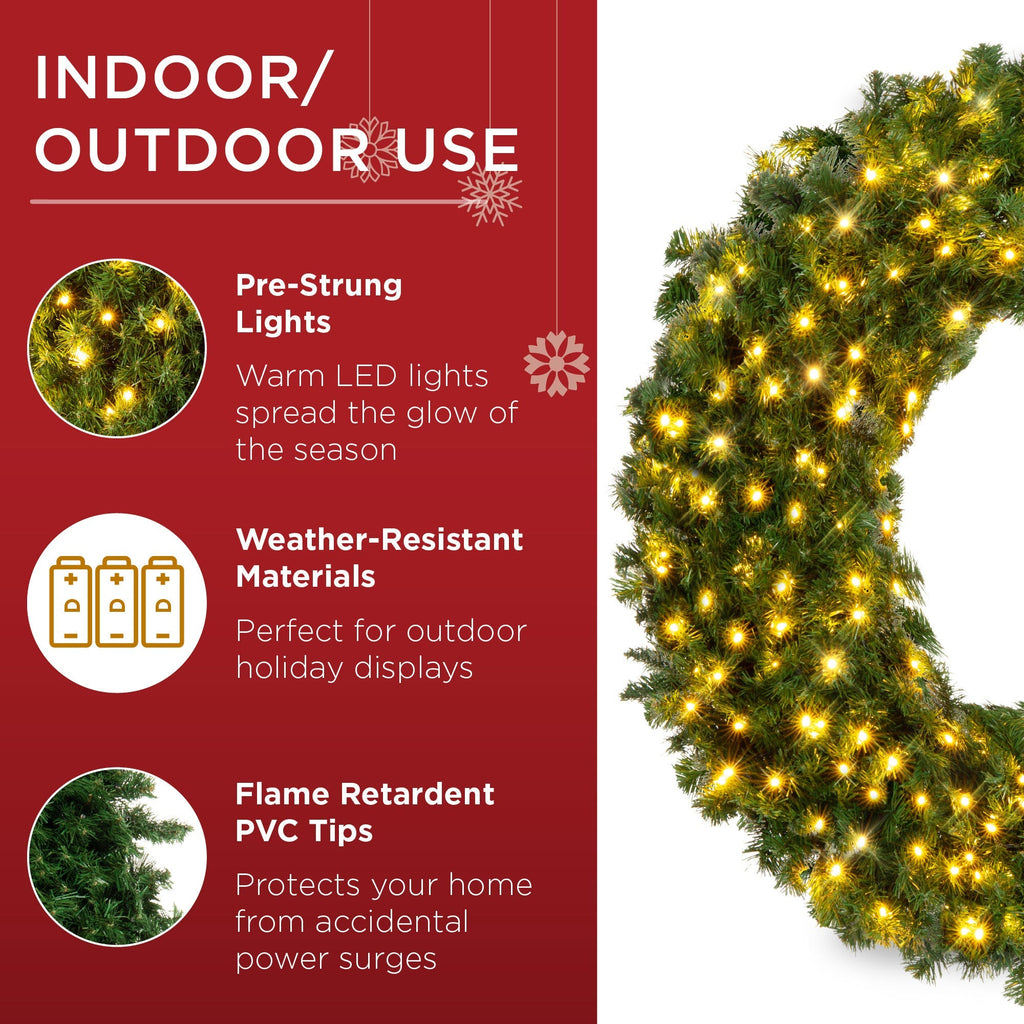 Pre-Lit Artificial Fir Christmas Wreath w/ LED Lights, Plug-In, PVC Tips