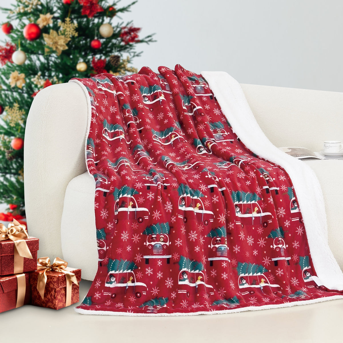 Mocassi Christmas Sherpa Throw with Flannel Fleece - 50 x 60 inches