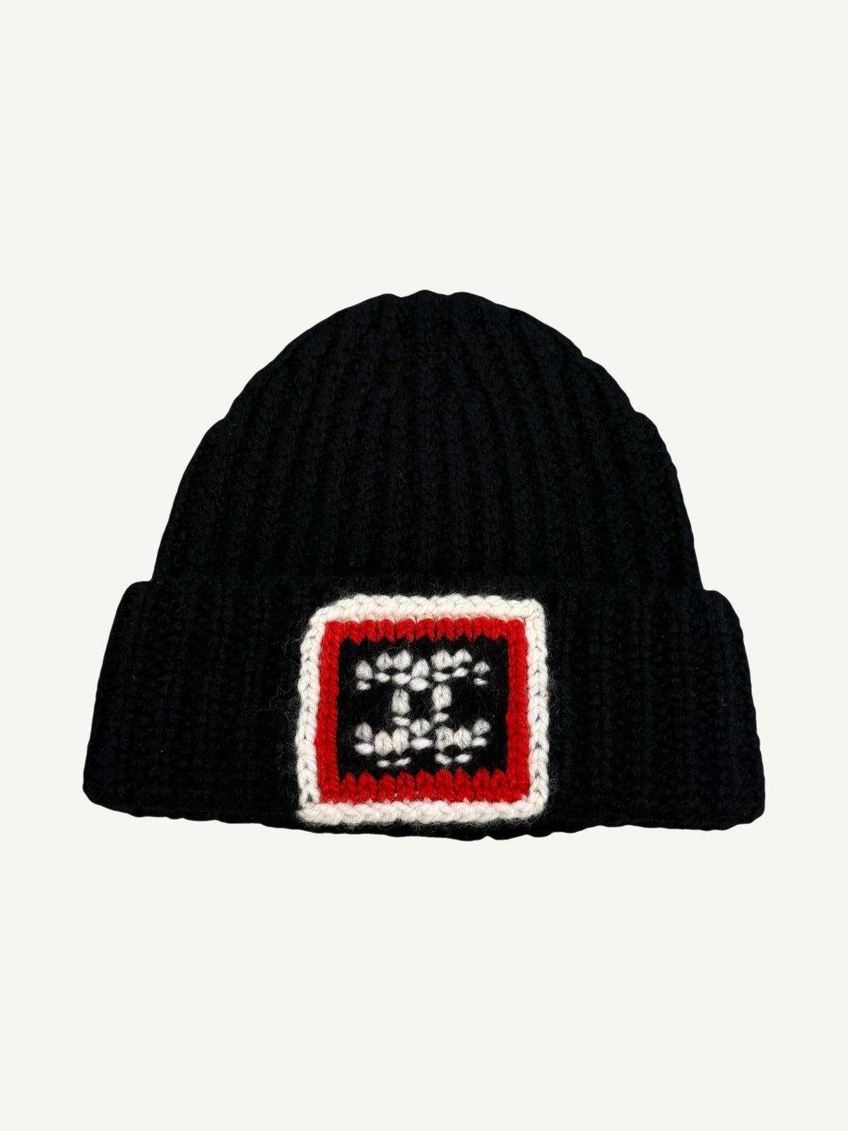 Chanel Black CC Square Emblem Ribbed Knit Cashmere Beanie
